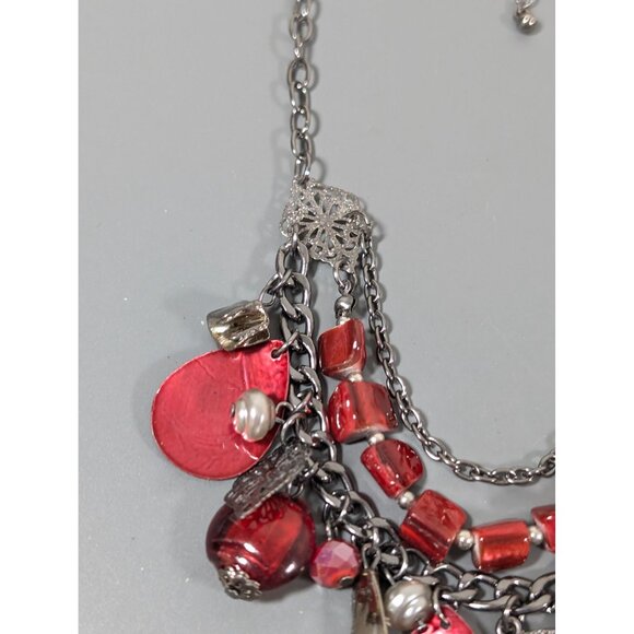 Red Shell Gray Metallic Layered Statement Necklace Boho Whimsigoth Y2K 19" - Picture 5 of 8